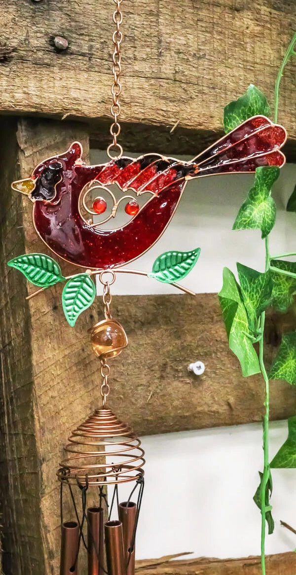 Stained Glass Red Cardinal Bird On Twig Copper Metal Wind Chime 24"Long-11