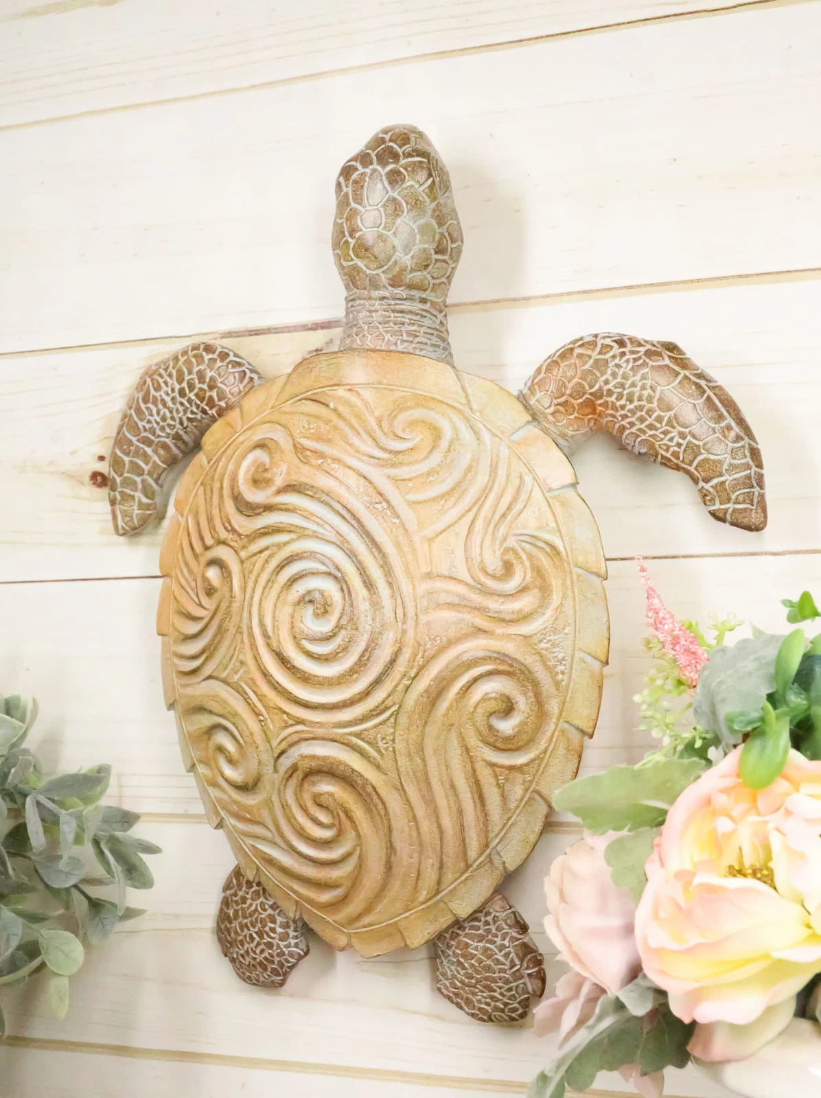 Marine Life Sand Colored Sea Turtle With Ocean Wave Swirls Shell Wall Decor