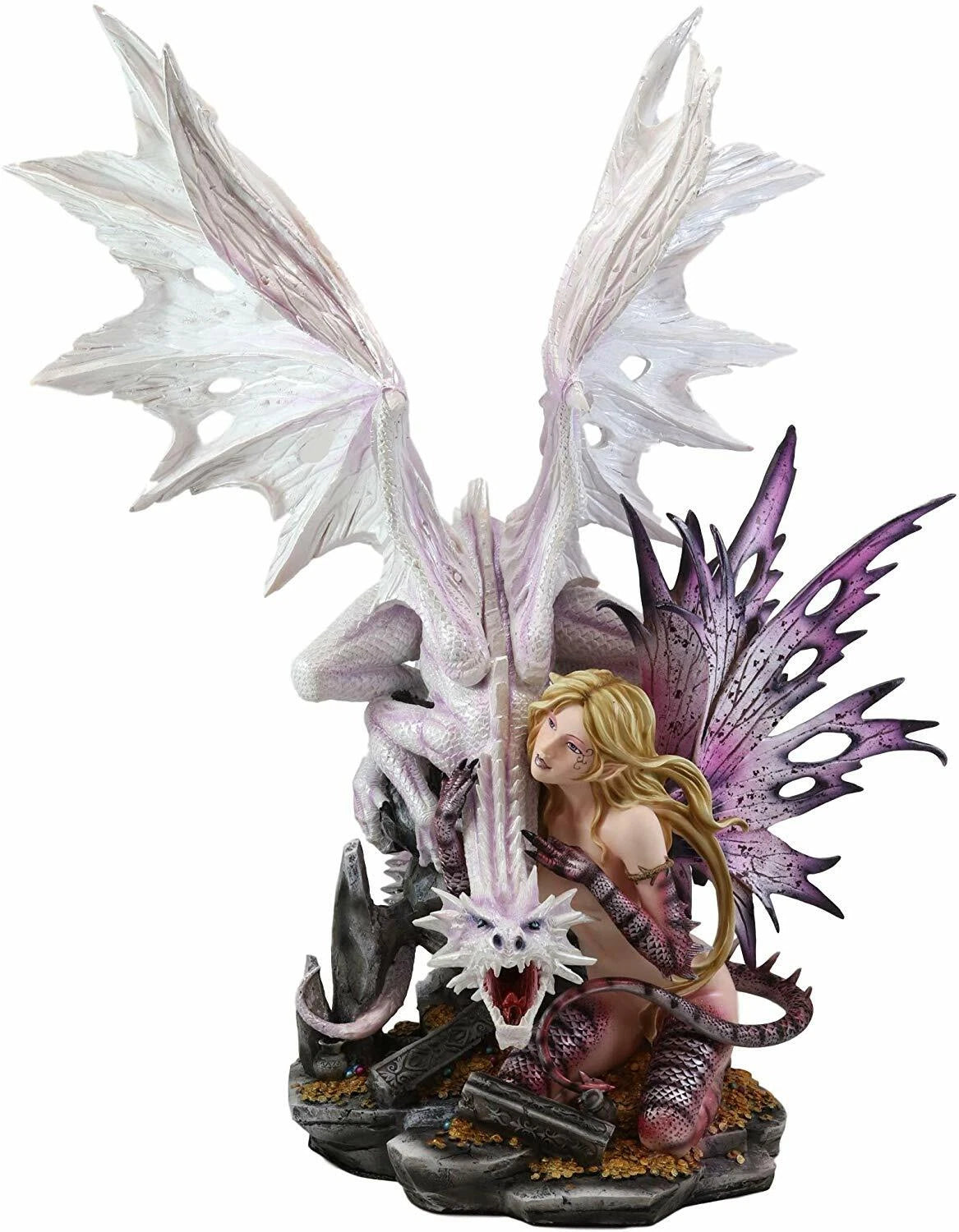 Large 22.75"H Red Reptile Fairy With Roaring White Dragon By Treasures Statue-5