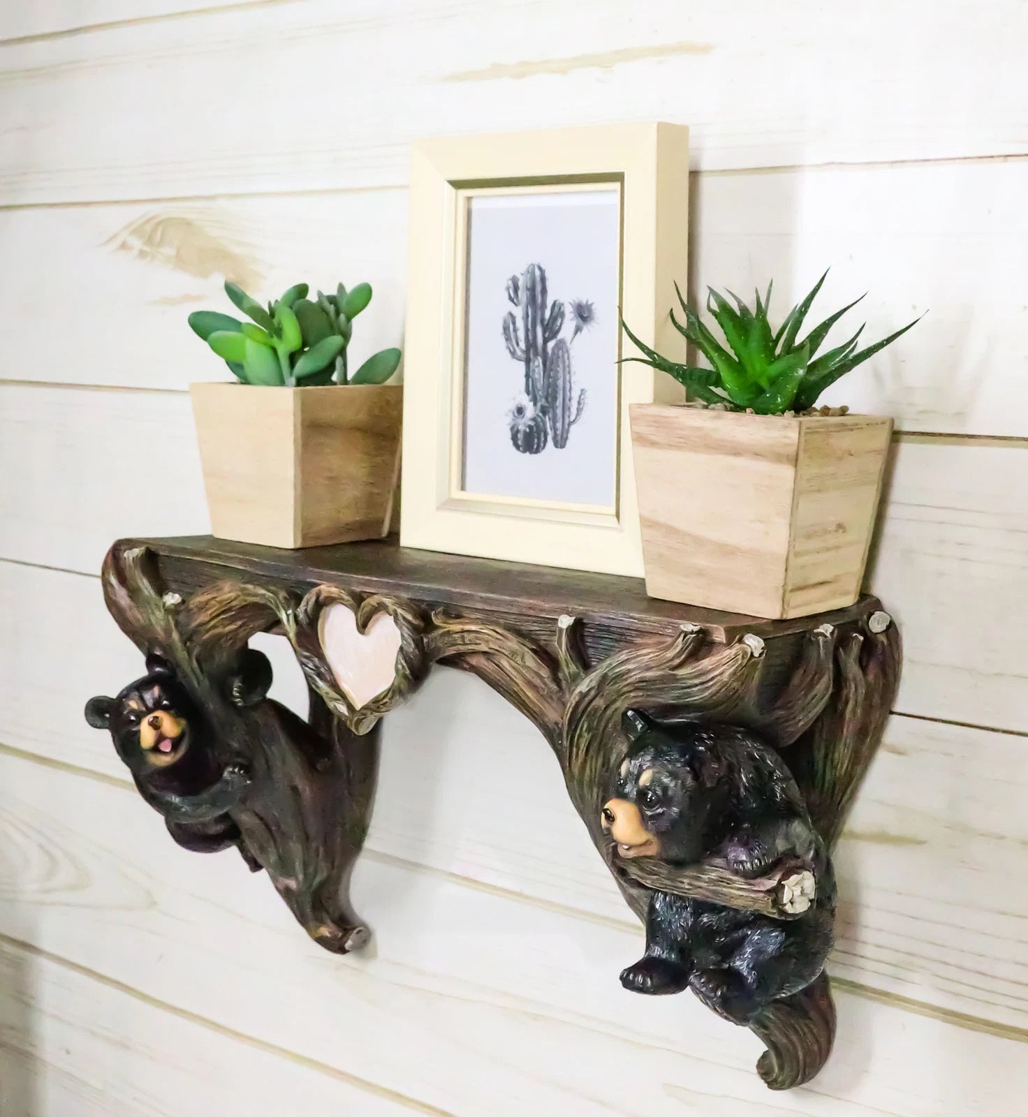Whimsical 2 Climbing Black Bears By Forest Tree Branches Floating Wall Shelf