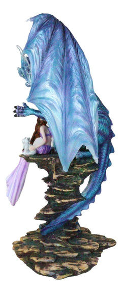 Giant Leviathan Blue Dragon Protecting A Young Princess Fairy With Kitten Statue-8