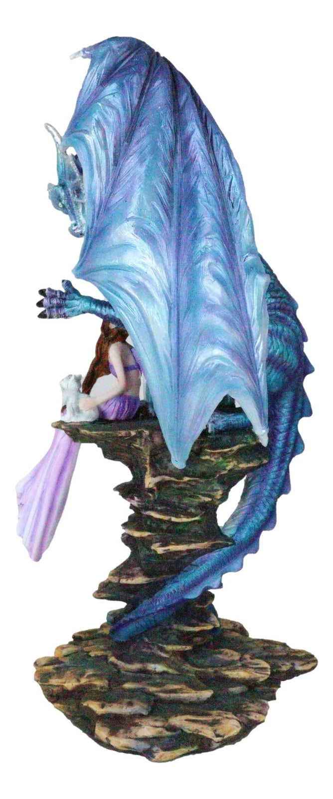 Giant Leviathan Blue Dragon Protecting A Young Princess Fairy With Kitten Statue-8