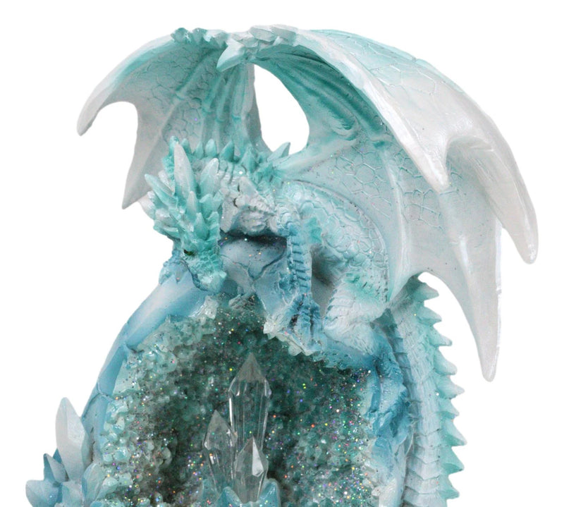 Winter Snow Dragon Resting On Frozen Snow Geode Egg With LED Crystals Figurine-7