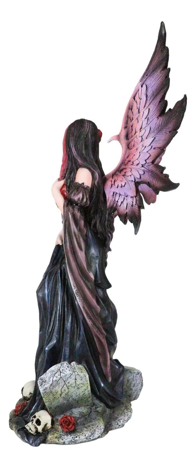 Black Sorceress Skulls Fairy with Red Rose Standing On Tombstone Figurine 15"H-9