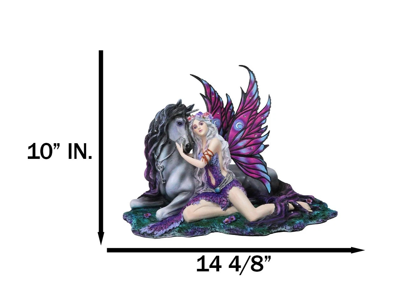 Purple Tribal Fairy Sitting With Midnight Key Lock Dark Unicorn Figurine 14.5"L-9