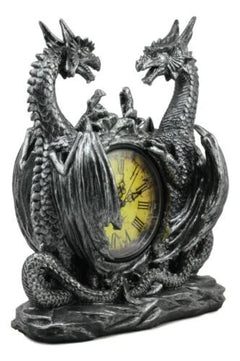 Gothic Twin Dragons Table Clock Statue With Roman Numerals In Metallic Look 11"H-9