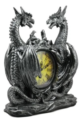 Gothic Twin Dragons Table Clock Statue With Roman Numerals In Metallic Look 11"H-9