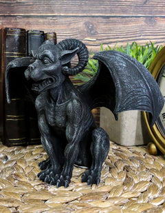 Crouching Ram Horned Gargoyle Statue in Faux Stone Finish Resin 6.25" Tall-3