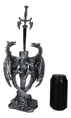 Figura abrecartas de fantasía gótica con dragón doble trepador y espada Excalibur-9