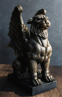Lion Gargoyle with Griffin Wings Crouching On Pedestal Statue 6.5" Tall-9