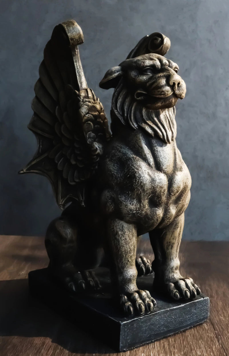Lion Gargoyle with Griffin Wings Crouching On Pedestal Statue 6.5" Tall-9