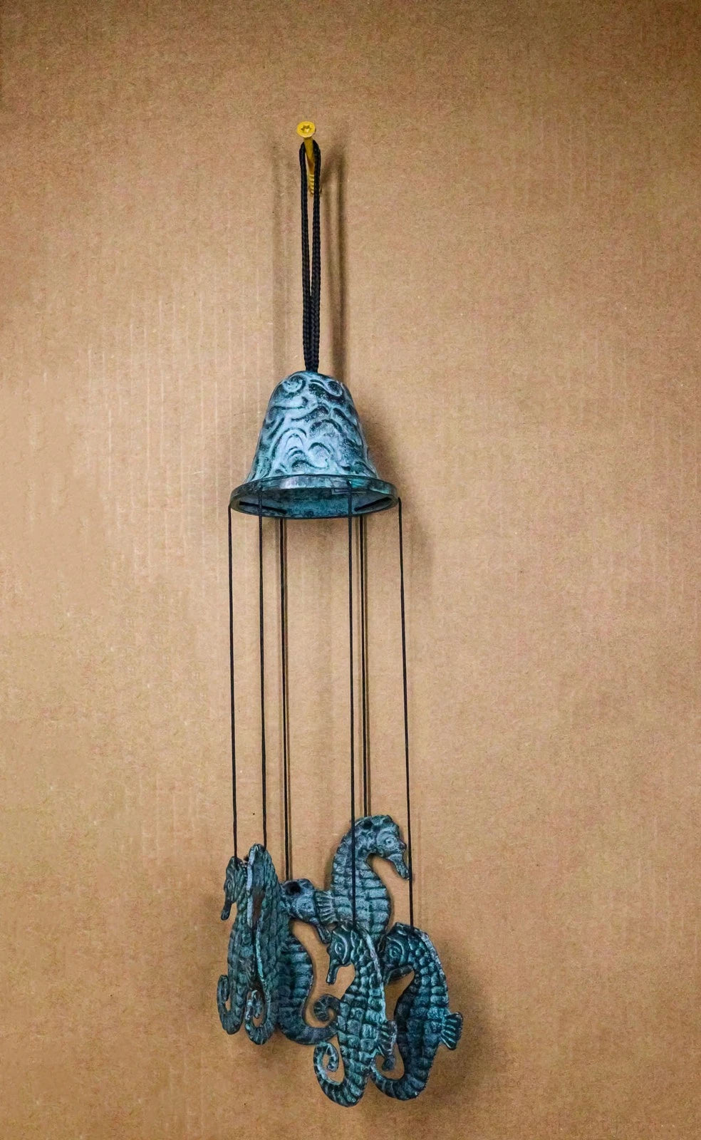 Verdigris Distressed Brass Metal Nautical Bell With Marine Seahorses Wind Chime-1