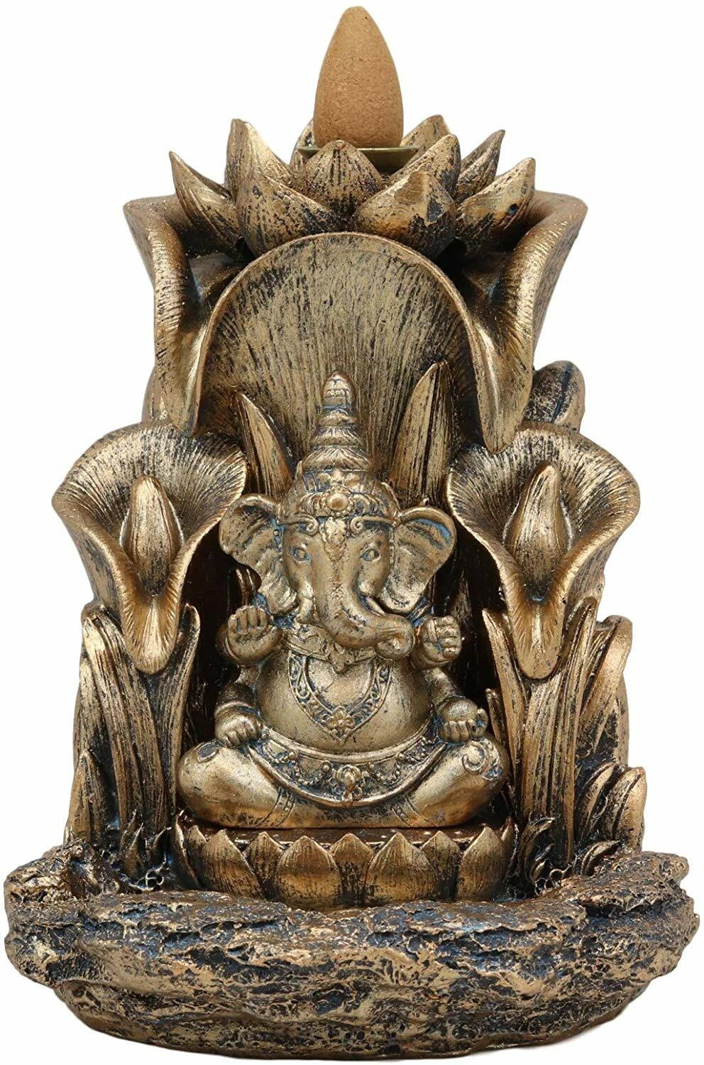 Golden Ganesha Seated On Lotus Backflow Cone Incense Burner Statue 5.25" H-6