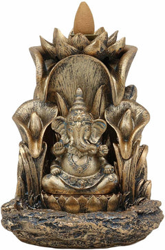 Golden Ganesha Seated On Lotus Backflow Cone Incense Burner Statue 5.25" H-6