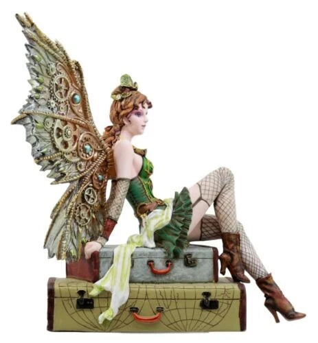 Steampunk Aviator Fairy Sitting On Suitcases Figurine 9"H Victorian Traveler-8