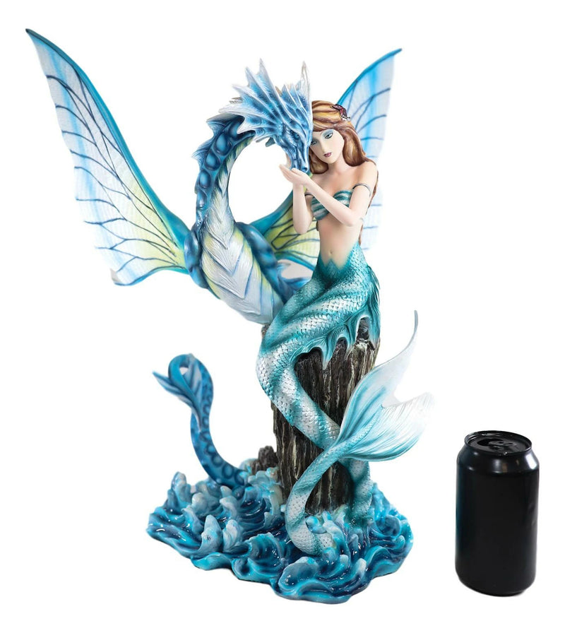 Large Nautical Blue Mermaid Feeding Leviathan Ocean Dragon Fairy Statue-8