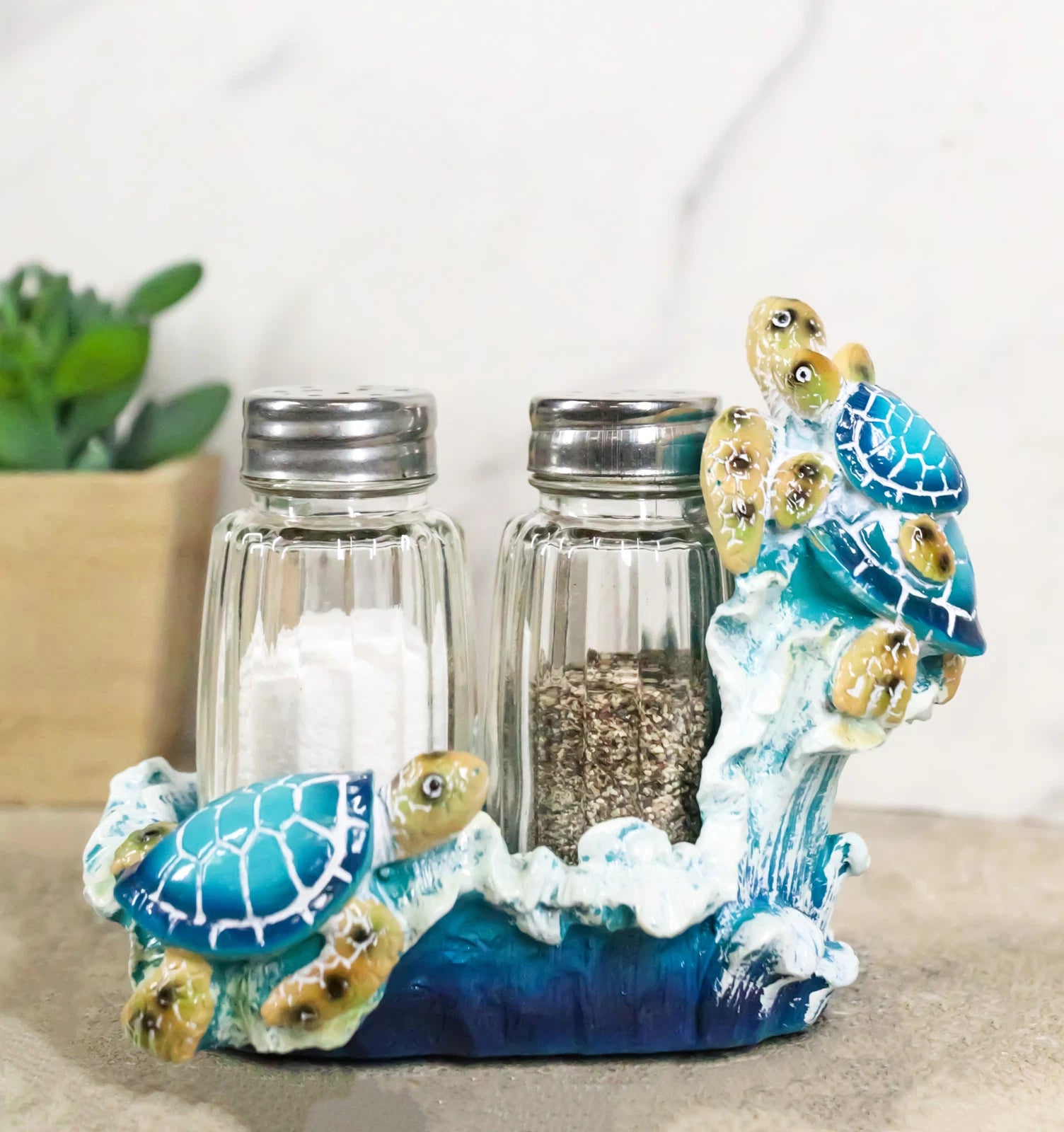 Nautical Marine Reef Sea Turtles Over Waves Salt And Pepper Shakers Holder Set