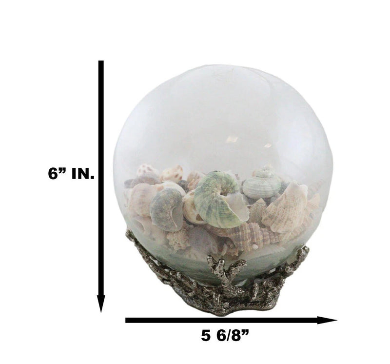 Nautical Marine Sea Shells Glass Globe Ball On Silver Coral Reef Metal Sculpture-9