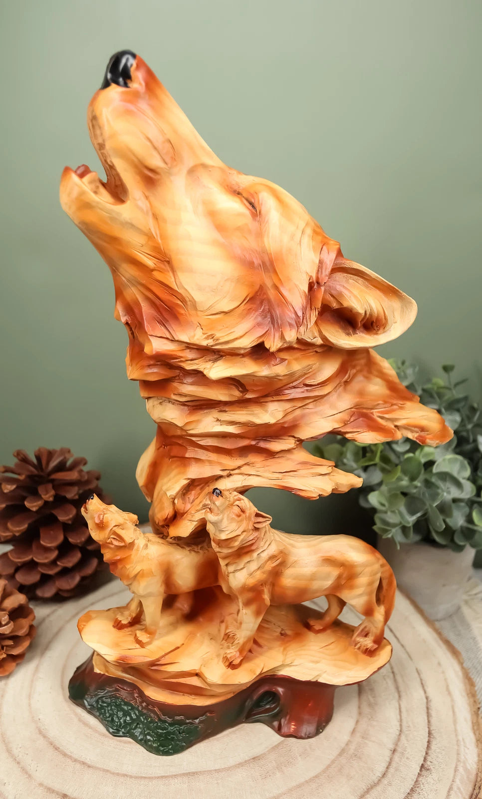 Estatua de madera sintética con tres lobos aullando, escena de vida silvestre rocosa, decoración de lobos de madera-6