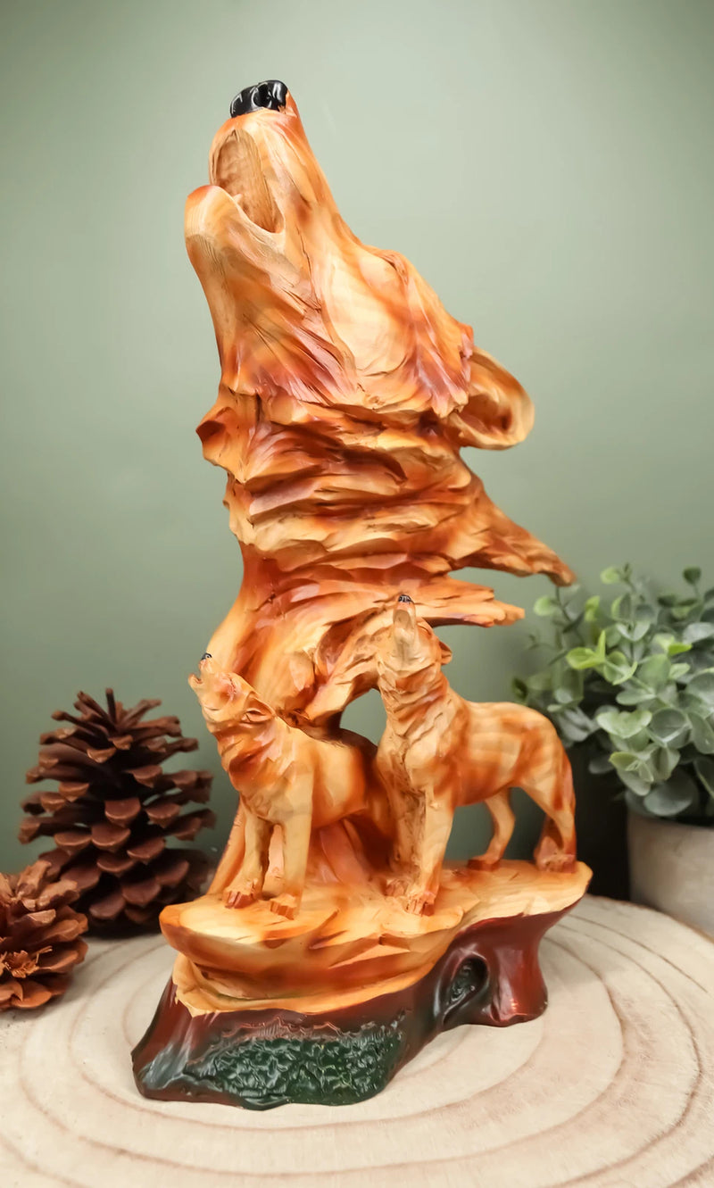 Estatua de madera sintética con tres lobos aullando, escena de vida silvestre rocosa, decoración de lobos de madera-7