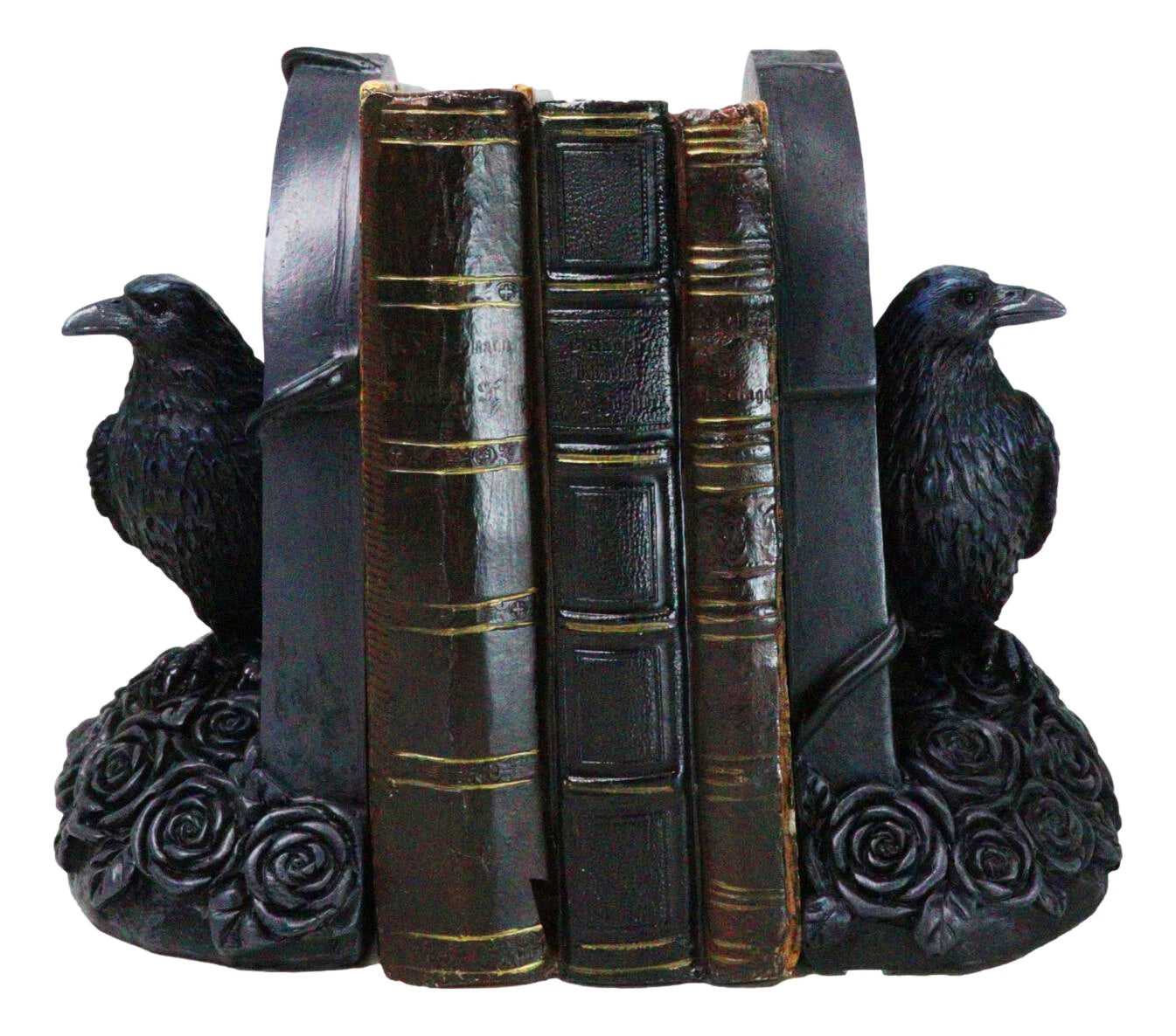 Raven Figurine, 8" Crow Perching on Black Roses Tombstone Gothic Figurine Bookends for Shelf, Desk, Home, or Gothic Room Decor Collectible-10