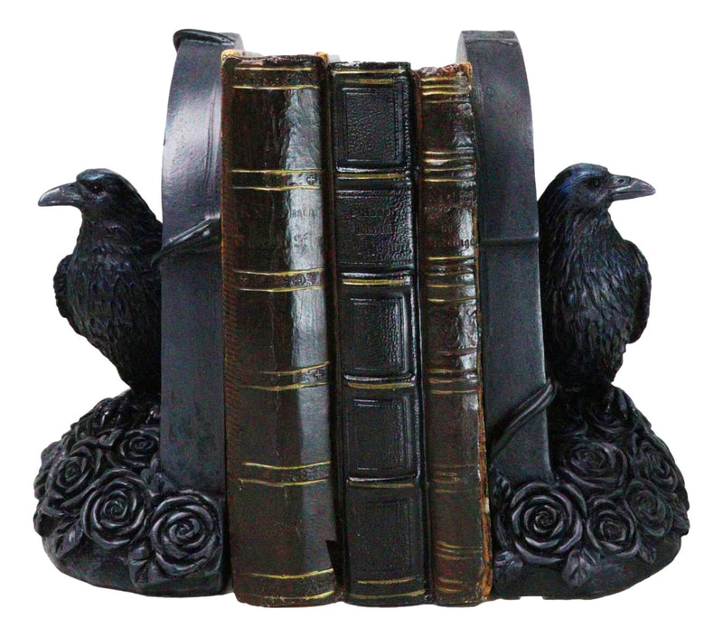 Raven Figurine, 8" Crow Perching on Black Roses Tombstone Gothic Figurine Bookends for Shelf, Desk, Home, or Gothic Room Decor Collectible-10
