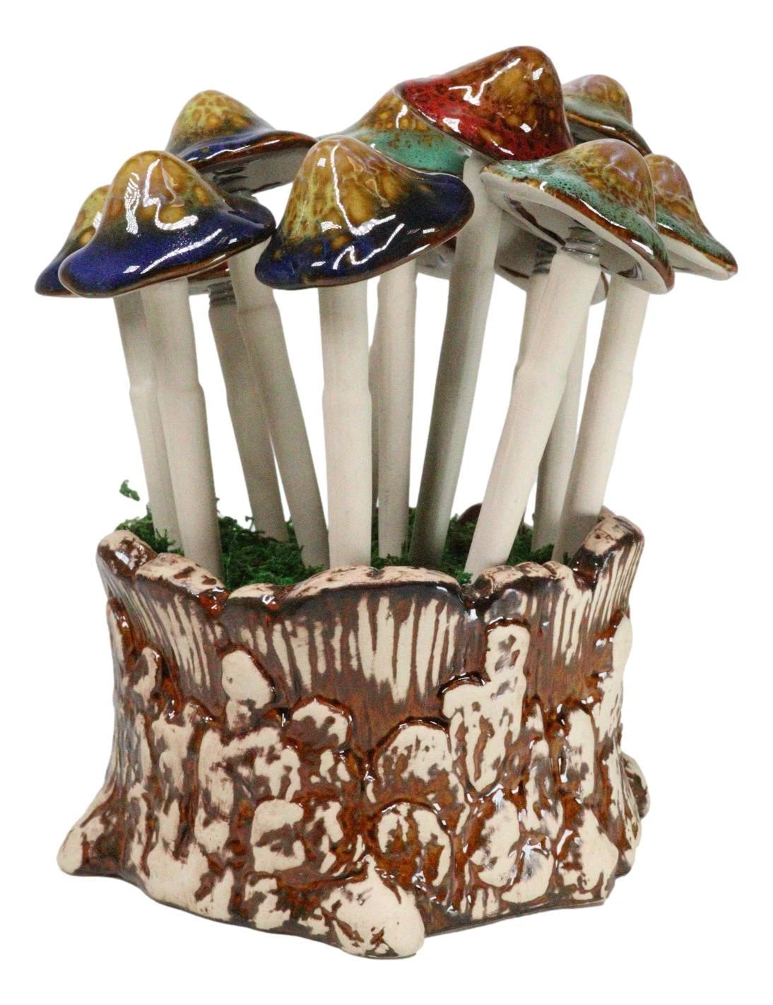 Fairy Garden Colorful 12 Piece Ceramic Mushroom Picks With Planter Holder Set-8