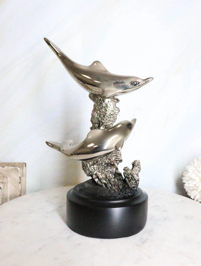Nautical Marine Sea Gay Dolphins By Coral Reef Silver Electroplated Figurine-9