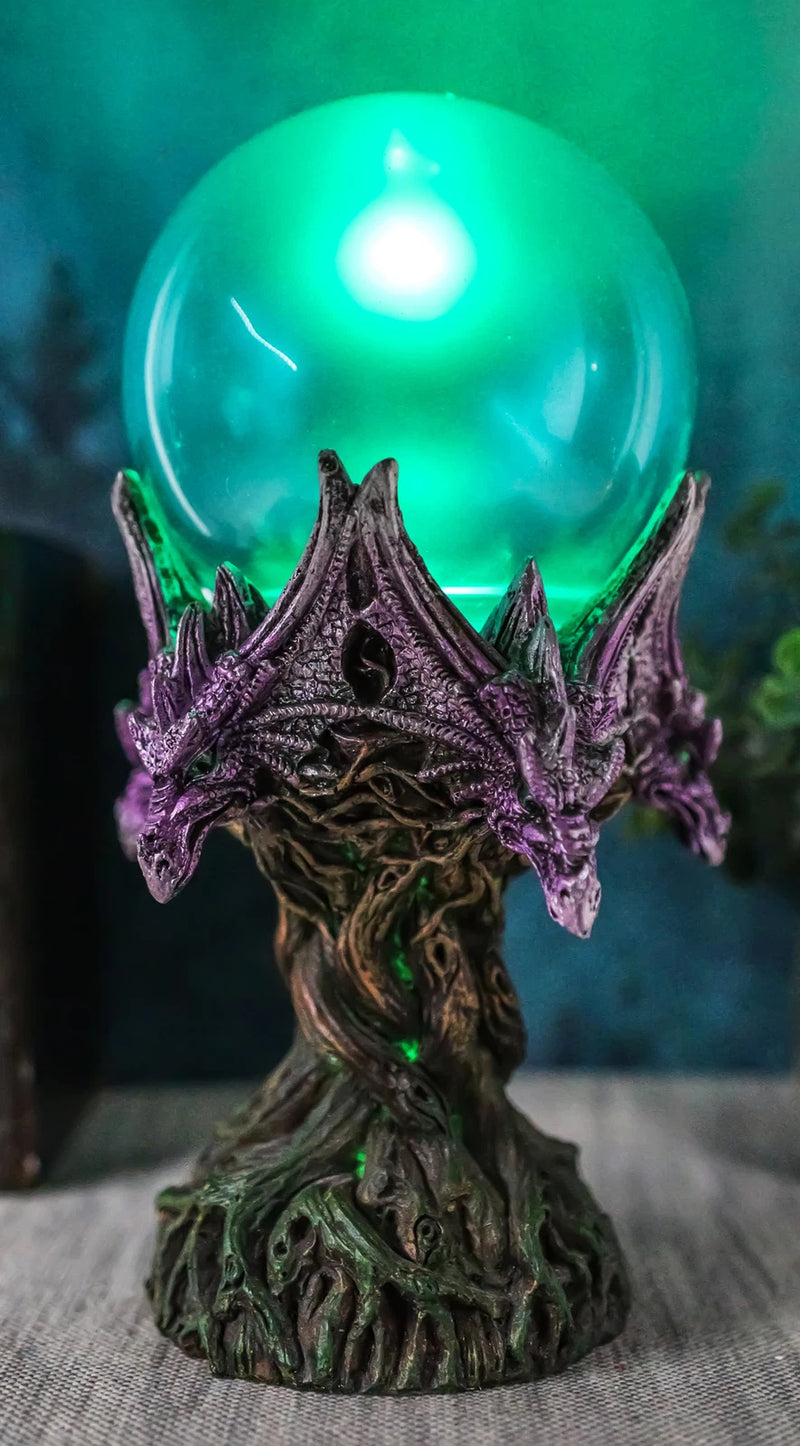 Fantasy Greenman Dragon Heads On Tree of Life Colorful LED Sphere Orb Figurine-2