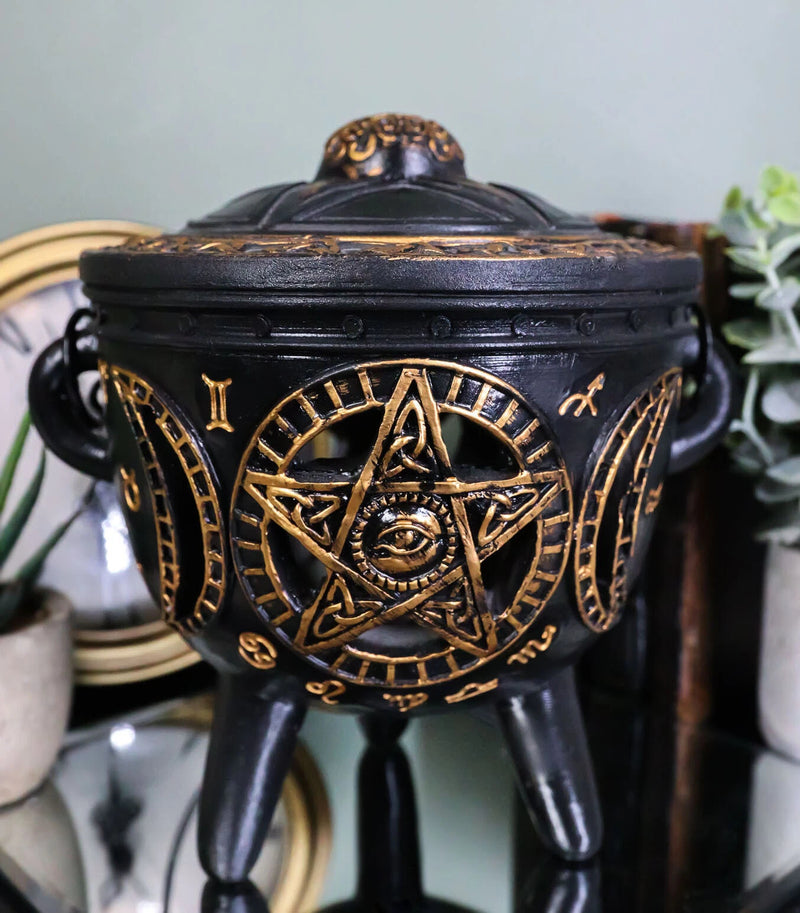 Celtic Wicca Black Magic Occult All Seeing Eye Pentagram LED Cauldron Figurine-1