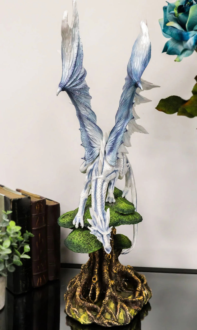 Large Arctic Frost Fury Dragon Perching On Rainforest Giant Tree Canopy Figurine-9