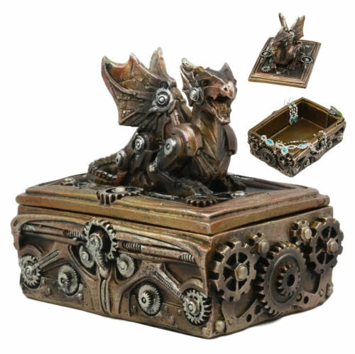 Bronzed Steampunk Cyborg Dragon Jewelry Box Figurine 9.5"L Robotic Serpentine-9