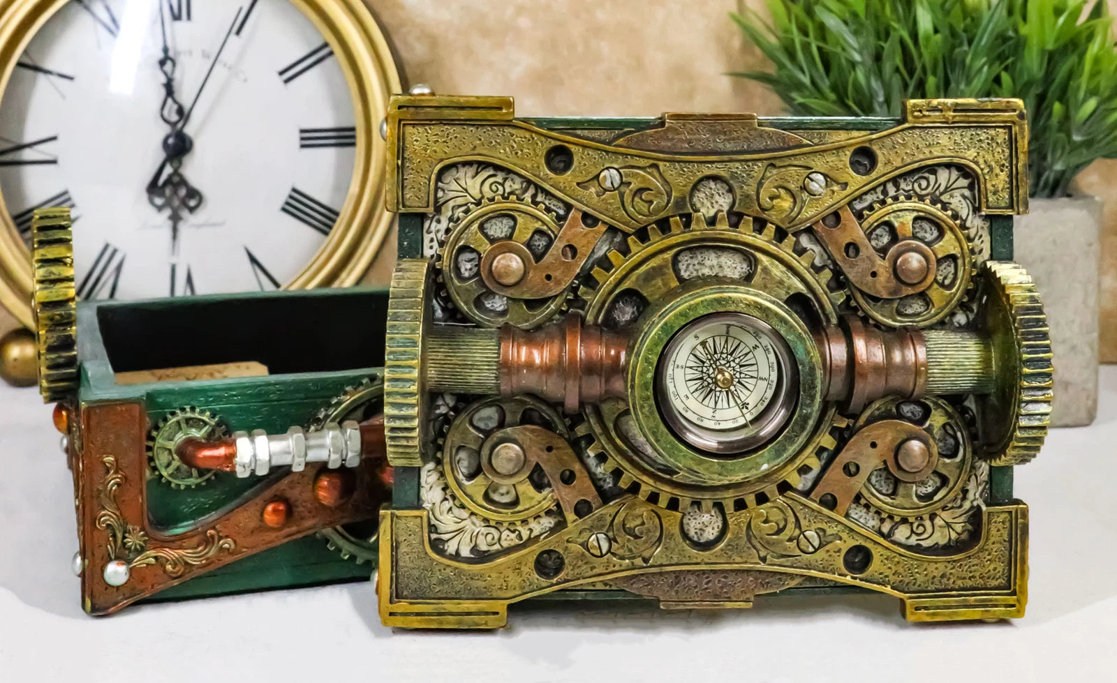 Steampunk Mechanical Gears Design Secret Jewelry Box With Navigational Compass-8