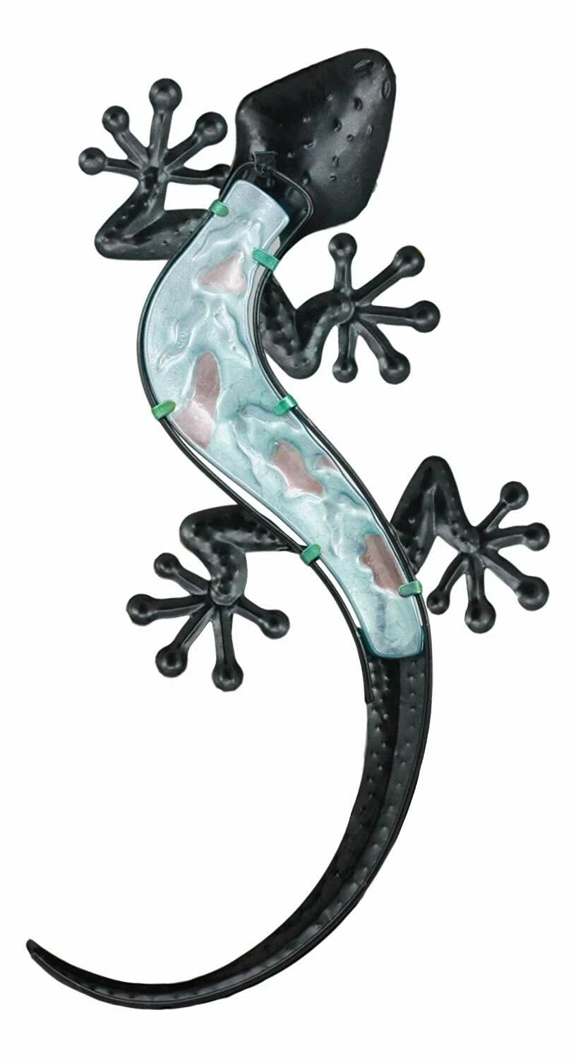 Crawling Green Metal Lizard Gecko with Blue Glass Body Wall Decor 18.5"L-5