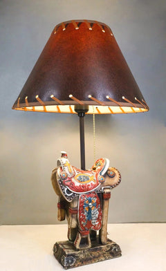 Rustic Western Cowboy Horse Saddle with Ichthys Jesus Fish Symbol Table Lamp-1