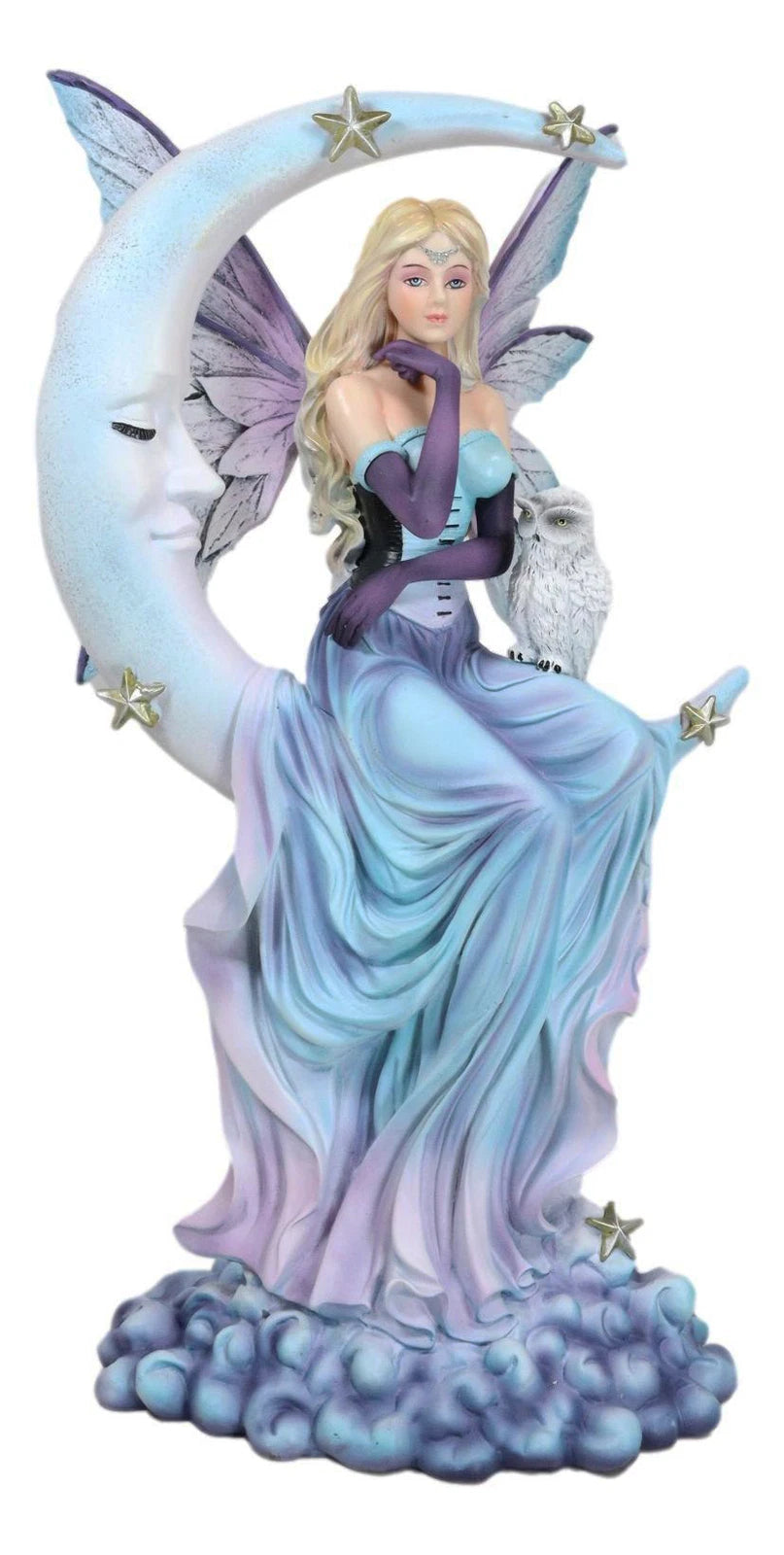 Crescent Moon And Stars Midnight Fairy Luna In Pastel Gown With Snow Owl Statue-9