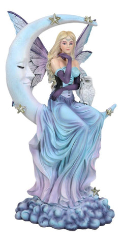 Crescent Moon And Stars Midnight Fairy Luna In Pastel Gown With Snow Owl Statue-9