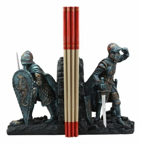 Medieval Dragon Bookends, Knight Armor Statue 8" Tall, Pair of Desk or Shelf Decor, Fantasy Knight Figurines, Suit of Armor Home Accent, Gothic Office Display, Tabletop Collectible Gift-7