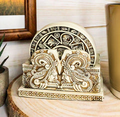 Juego de 6 posavasos con símbolos del calendario solar de los dioses aztecas y figura de soporte-1