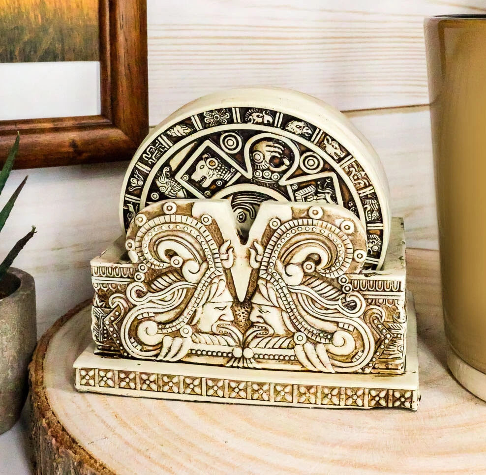 Juego de 6 posavasos con símbolos del calendario solar de los dioses aztecas y figura de soporte