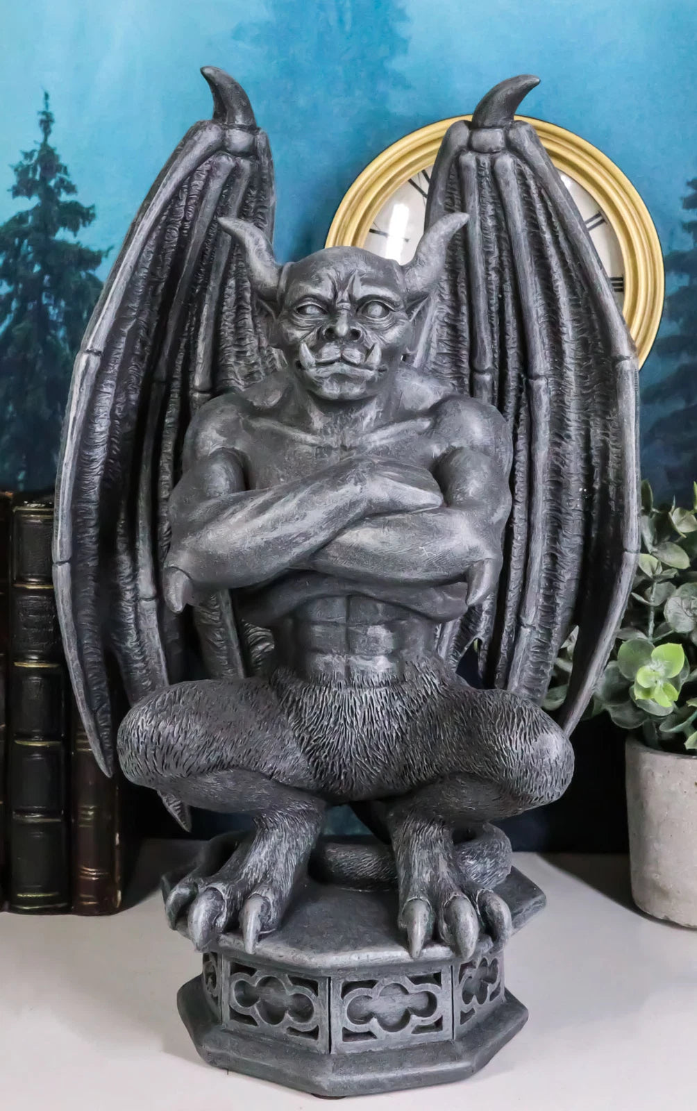 Gothic Gargoyle Statue, Horned Bulldog Figurine 12"H for Home Decor, Garden, Patio, Mantle Display, Crouching on Pedestal, Winged Fantasy Sculpture, Collector Gift-7