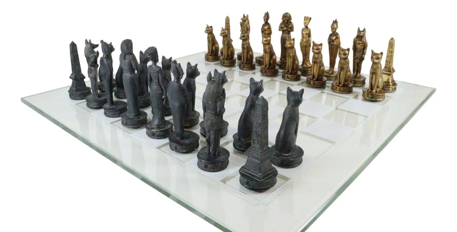 Egyptian Gods Monuments King Tut & Nefertiti Chess Pieces Glass Board Set-8
