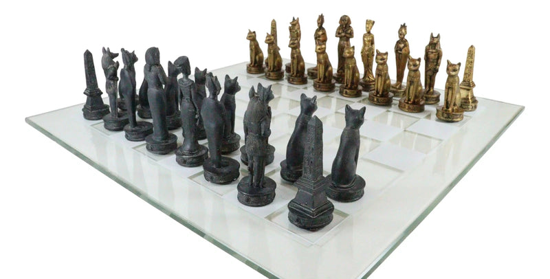 Egyptian Gods Monuments King Tut & Nefertiti Chess Pieces Glass Board Set-8