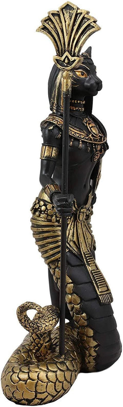 11"H Egyptian Bastet Cat With Snake Holding Spear & Shield Statue 11"H-9