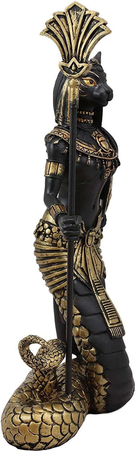 11"H Egyptian Bastet Cat With Snake Holding Spear & Shield Statue 11"H-9