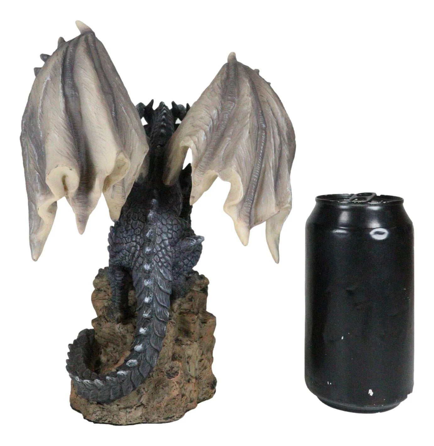 Large Medieval Sentry Abraxas Black Dragon Standing On Stump Rock Statue 9.25"H-9