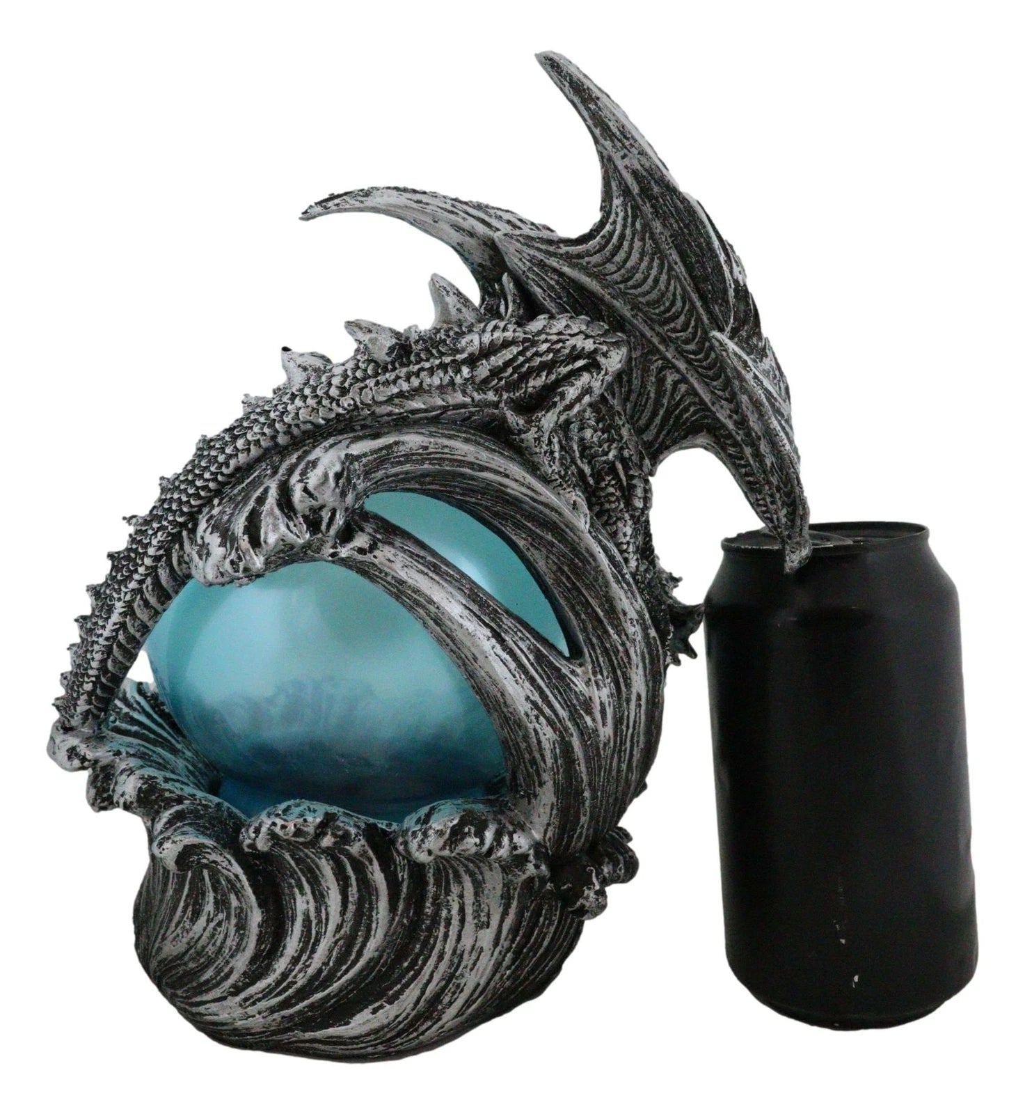 Silver Ocean Dragon Riding Tidal Sea Waves With Colorful LED Sphere Orb Figurine-8
