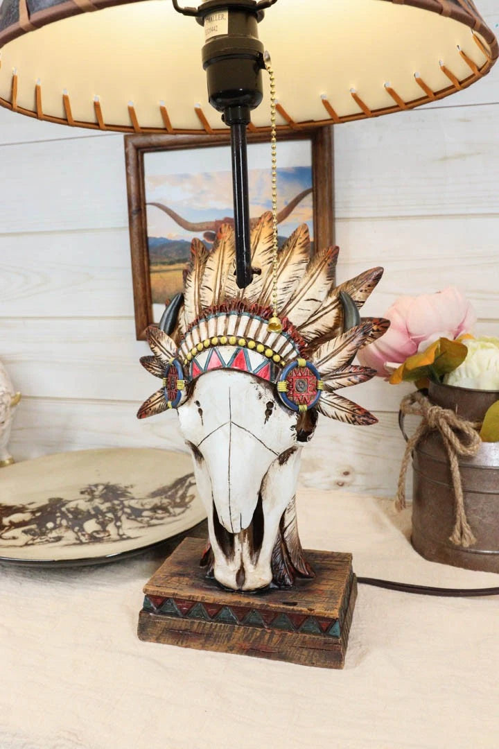 Western Cow Skull with Tribal Indian Chief Feathers Roach Headdress Table Lamp-2