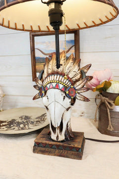 Western Cow Skull with Tribal Indian Chief Feathers Roach Headdress Table Lamp-2