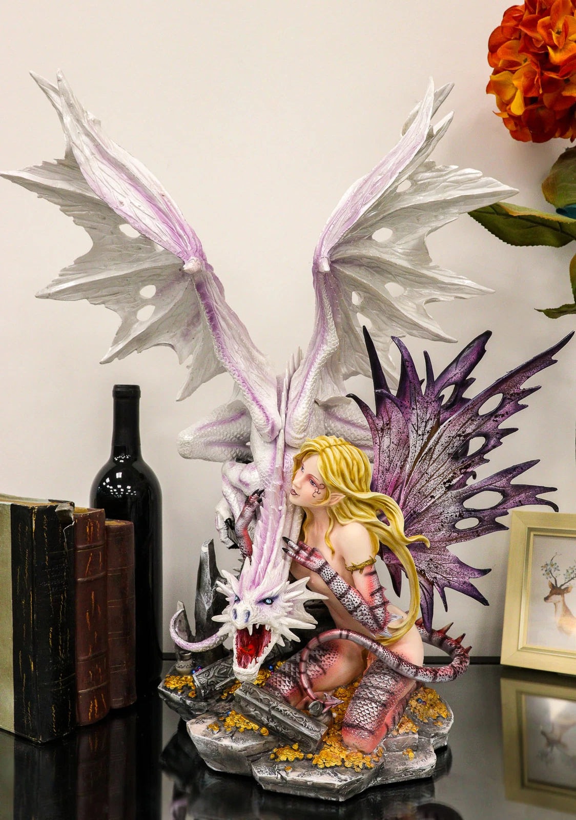 Large 22.75"H Red Reptile Fairy With Roaring White Dragon By Treasures Statue-7